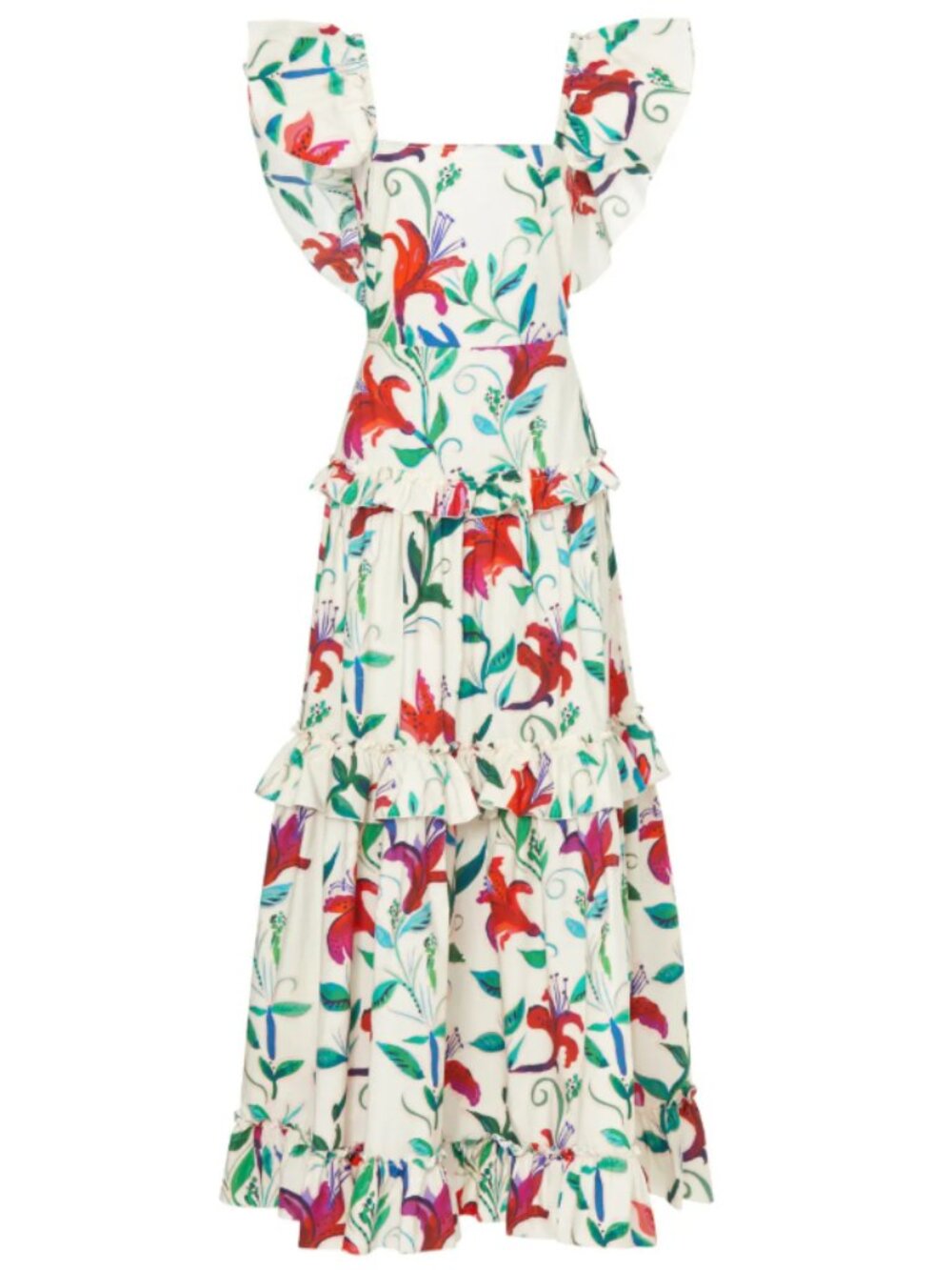 La DoubleJ Scarlett Cotton Floral Flutter Sleeve Square neck Tiered Maxi Dress M
